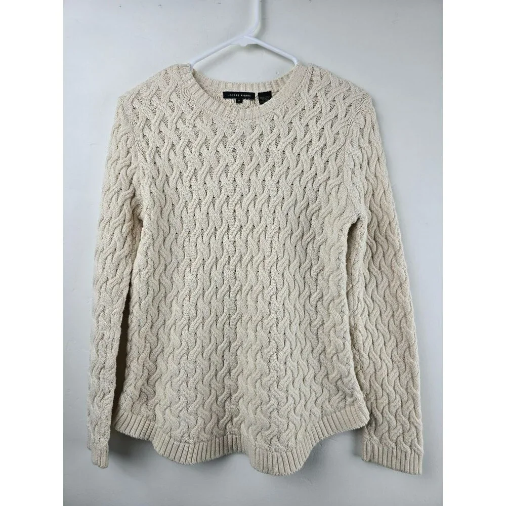 CHUNKY CABLE KNIT COTTON SWEATER Womens S Jeanne Pierre Fisherman Cream Ivory - Picture 1 of 9